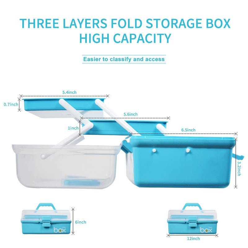 TERGOO 12in Three-Layer Multipurpose Storage Box Folding Tool Box/Art & Crafts Case/Sewing Supplies Organizer/Medicine Box/Family First Aid Box with 2 Trays (Blue) - Image 2