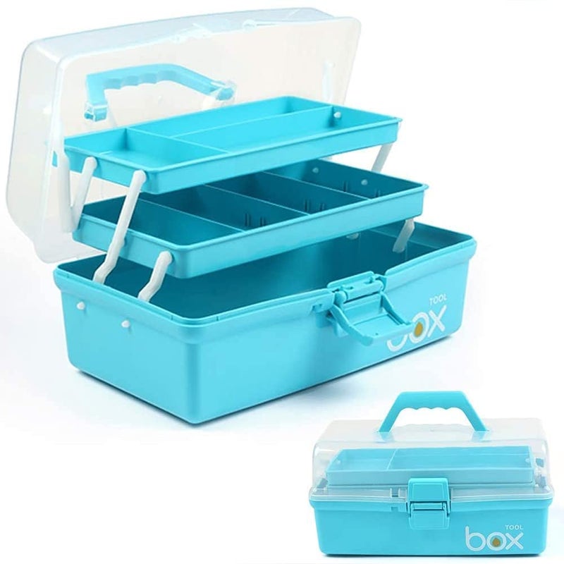 TERGOO 12in Three-Layer Multipurpose Storage Box Folding Tool Box/Art & Crafts Case/Sewing Supplies Organizer/Medicine Box/Family First Aid Box with 2 Trays (Blue) - Image 1