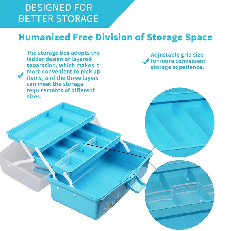 TERGOO 12in Three-Layer Multipurpose Storage Box Folding Tool Box/Art & Crafts Case/Sewing Supplies Organizer/Medicine Box/Family First Aid Box with 2 Trays (Blue) - Image 4