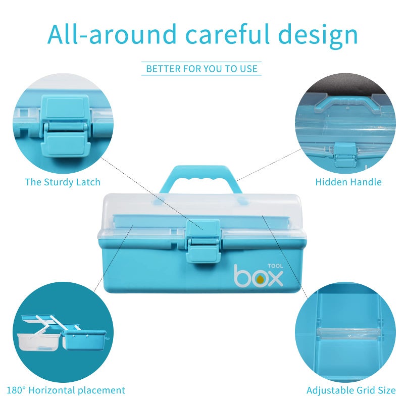 TERGOO 12in Three-Layer Multipurpose Storage Box Folding Tool Box/Art & Crafts Case/Sewing Supplies Organizer/Medicine Box/Family First Aid Box with 2 Trays (Blue) - Image 3