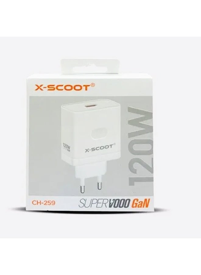 X-SCOOT Super Fast Wall Charger 120W , GaN Technology with USB Output for Smartphones, Tablets & Laptops , Universal AC 100-240V, Compact Travel Friendly Design - White - Image 2