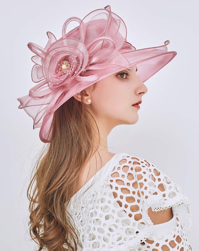 ZX Z and X Organza Church Fascinator Kentucky Derby Hats for Women Flower Wedding Tea Party Hat Wide Brim Sun Hat Pink,purple,One Size - Image 2