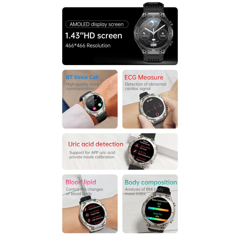 JA01 Smartwatch 1.43-inch AMOLED/BT Talk/S0S/Non-invasive Glucose/Uric Acid/Lipids/Blood Pressure/ECG/Built-in Li-ion 295mAh Battery - Image 2