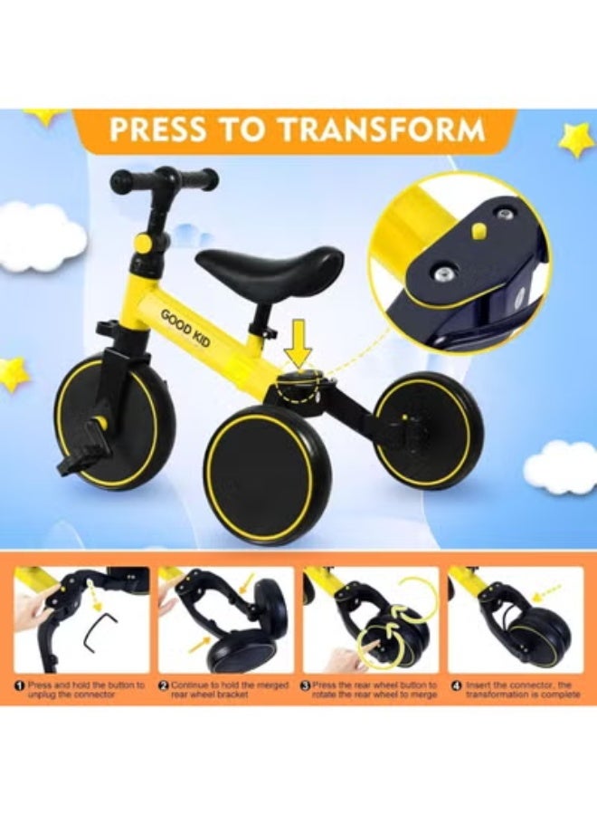 تايجر 4-in-1 Kids Balance Bike & Tricycle – Adjustable Seat & Pedals Toddler Ride-On for 1–4 Years, Indoor/Outdoor Baby Trike for Boys & Girls, Ideal First Birthday Gift for Active Play – Yellow - Image 3