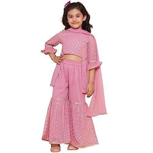 AJ DEZINES Georgette Kids Ethnic Wear Foil Printed Panelled Pink Kurta Sharara Set For Girls With Dupatta (G-1094-Pink-34), 10-11 Year - Image 1