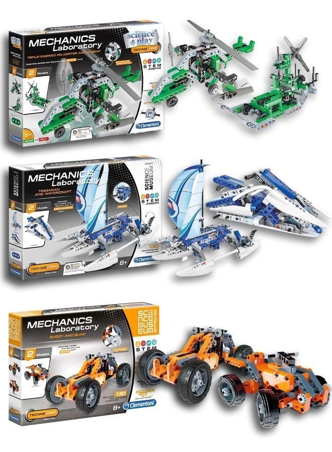 Clementoni pack of 3 STEM Building Kits by Clementoni Mechanics Laboratory – Helicopter & Aircraft, Trihull Boats & Watercraft, Buggy & Quad – Educational Toy 8+ - Image 1