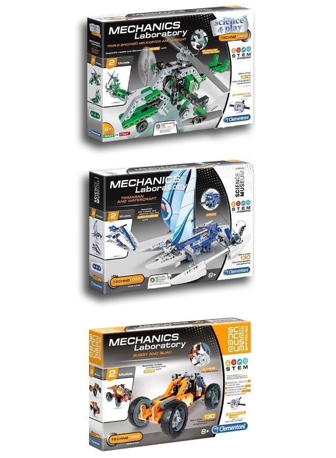 Clementoni pack of 3 STEM Building Kits by Clementoni Mechanics Laboratory – Helicopter & Aircraft, Trihull Boats & Watercraft, Buggy & Quad – Educational Toy 8+ - Image 2