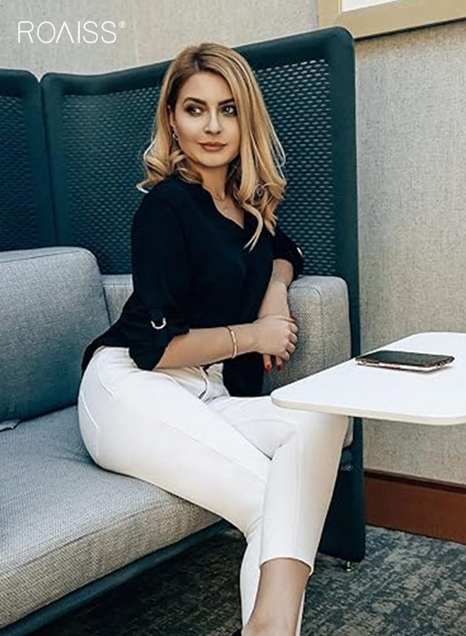 رويس بلوزة نسائية أنيقة، قميص بأكمام ثلاثة أرباع وياقة على شكل V، بلوزة سهلة الارتداء ومناسبة للبشرة، ملابس صيفية متعددة الاستخدامات للسيدات، مناسبة للارتداء اليومي - Image 4