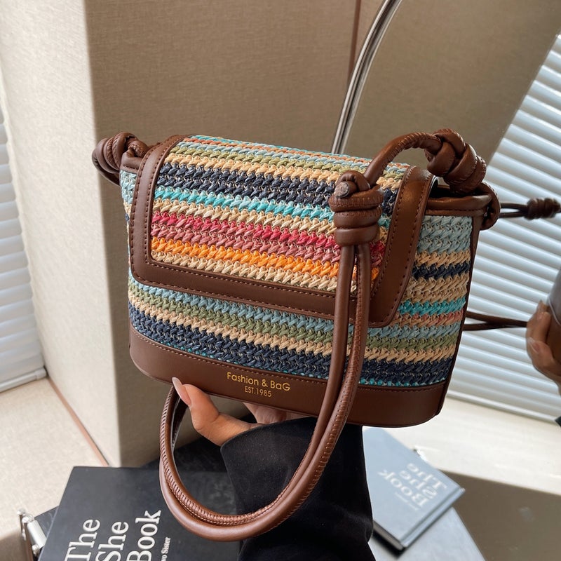 Niche Underarm Bag Women'S 2025 Spring New Fashionable Fashion Contrast Color Woven Bag All-Match Crossbody Straw Bucket Bag - Image 2