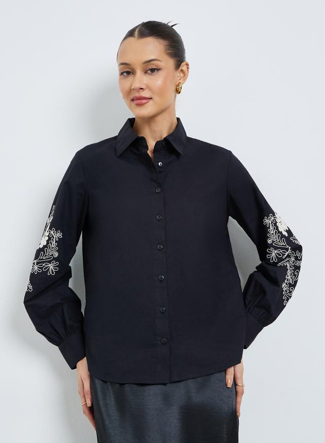 Styli Black Embroidered Long Sleeve Shirt - Image 1