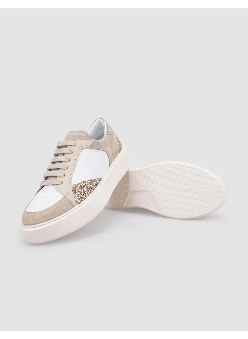 Cabani 100% Genuine Leather Beige Glitter Detailed Lace-Up Women's Sneakers