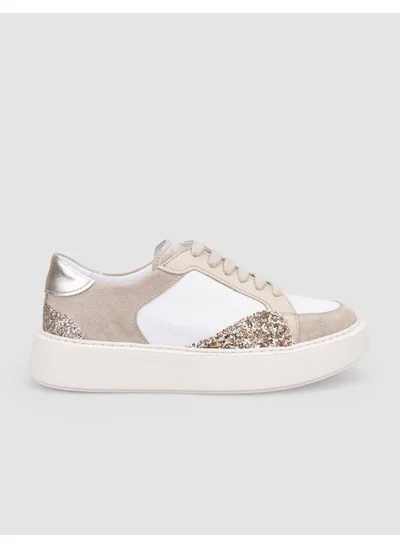 Cabani 100% Genuine Leather Beige Glitter Detailed Lace-Up Women's Sneakers