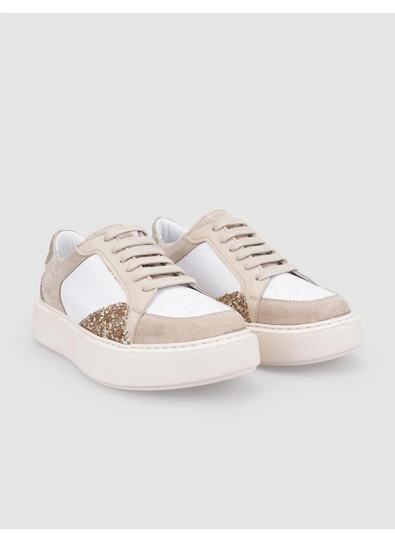 Cabani 100% Genuine Leather Beige Glitter Detailed Lace-Up Women's Sneakers