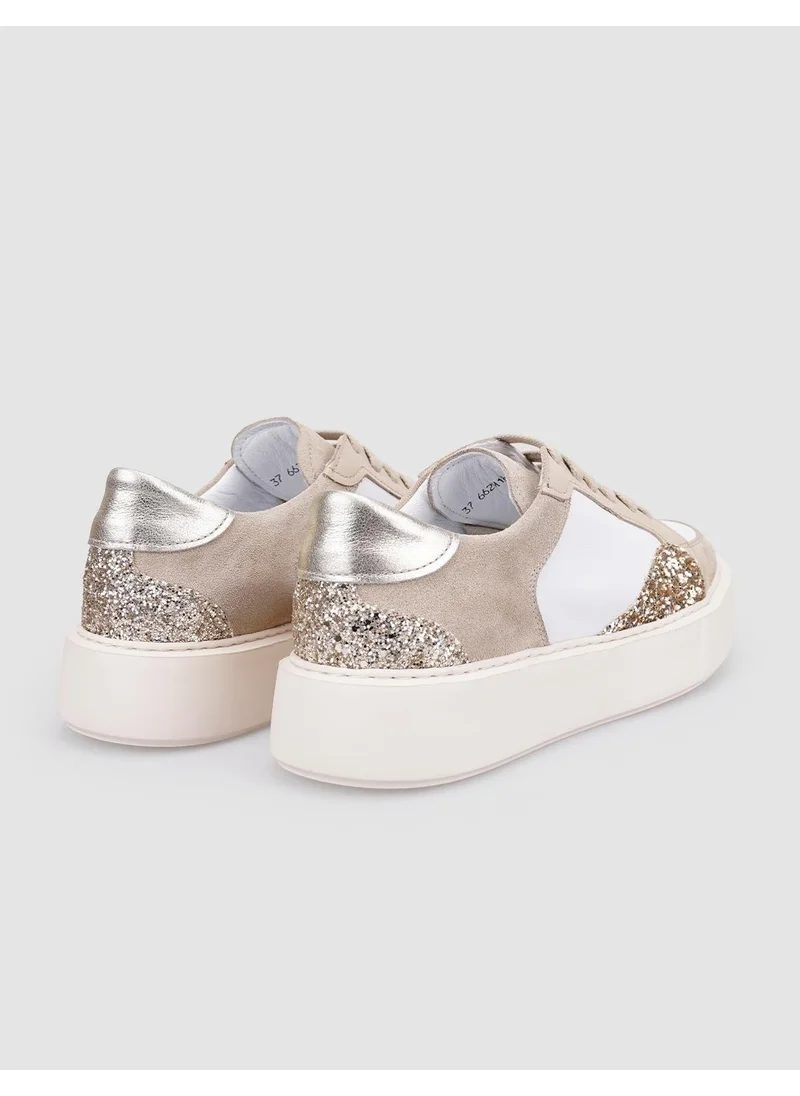 Cabani 100% Genuine Leather Beige Glitter Detailed Lace-Up Women's Sneakers