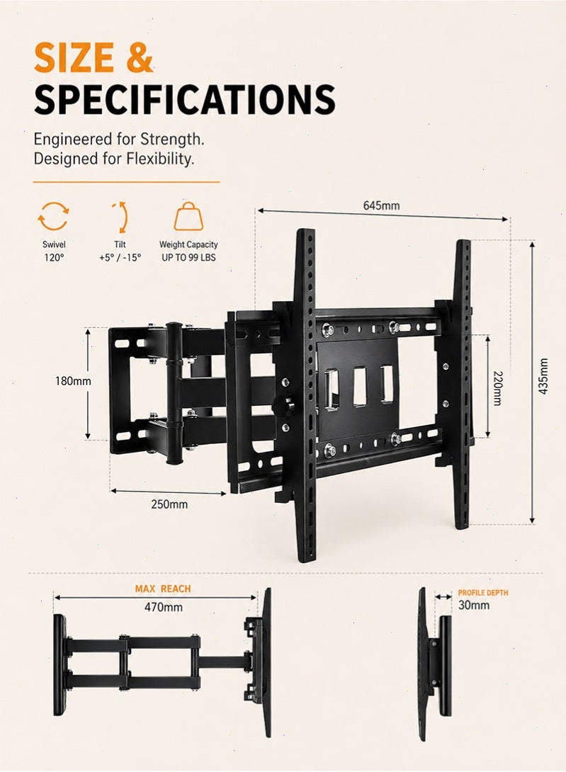 Topyich Full Motion TV Wall Mount for 40-80 Inch TVs, Swivel Tilt TV Bracket with Extendable Arm, Heavy Duty Holds Up to 110lbs - Image 2