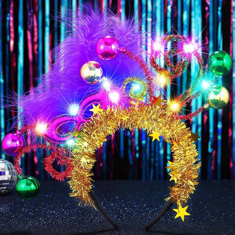 CAKURE Mardi Gras Headpiece Light Up Carnival Feathers Headband Led Mardi Gras Hair Accessories for Women and Girls
