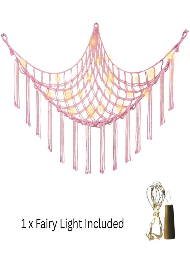 Macrame Kn0ts Stuffed Animal Hammock Net Toy Storage Organizer, with Fairy Lights Stuffed Animal Storage Toy Holder Boho Wall Hanging Décor for Nursery Kids Play Room Bedroom (Pink) - Image 3