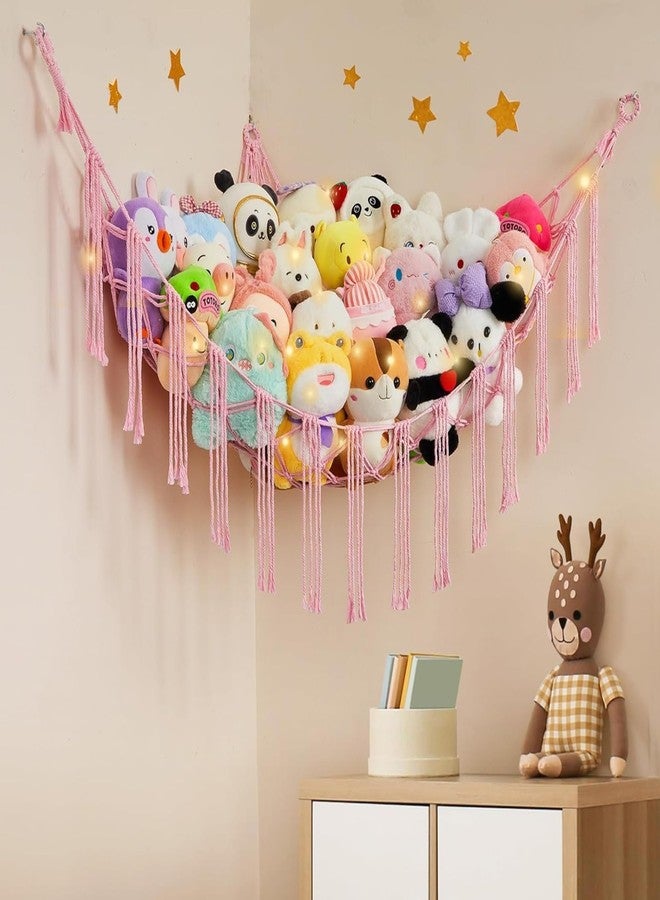 Macrame Kn0ts Stuffed Animal Hammock Net Toy Storage Organizer, with Fairy Lights Stuffed Animal Storage Toy Holder Boho Wall Hanging Décor for Nursery Kids Play Room Bedroom (Pink) - Image 2
