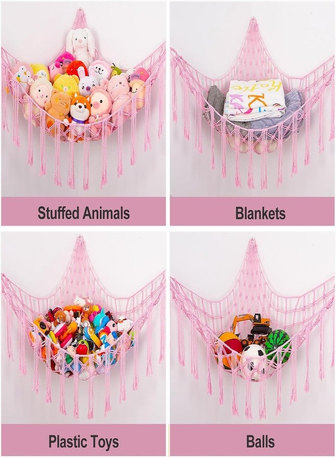 Macrame Kn0ts Stuffed Animal Hammock Net Toy Storage Organizer, with Fairy Lights Stuffed Animal Storage Toy Holder Boho Wall Hanging Décor for Nursery Kids Play Room Bedroom (Pink) - Image 5