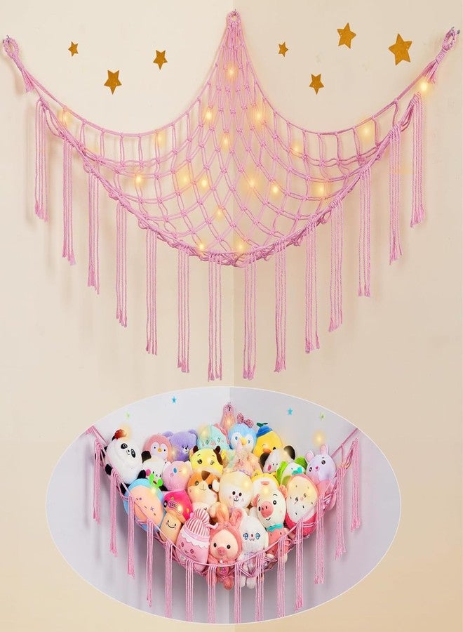 Macrame Kn0ts Stuffed Animal Hammock Net Toy Storage Organizer, with Fairy Lights Stuffed Animal Storage Toy Holder Boho Wall Hanging Décor for Nursery Kids Play Room Bedroom (Pink) - Image 1