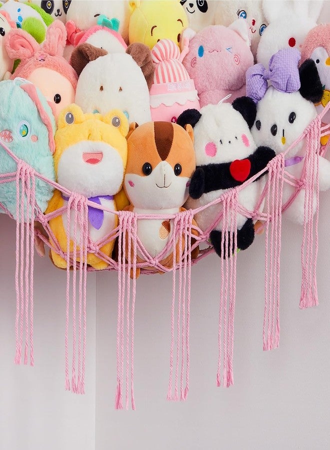 Macrame Kn0ts Stuffed Animal Hammock Net Toy Storage Organizer, with Fairy Lights Stuffed Animal Storage Toy Holder Boho Wall Hanging Décor for Nursery Kids Play Room Bedroom (Pink) - Image 4