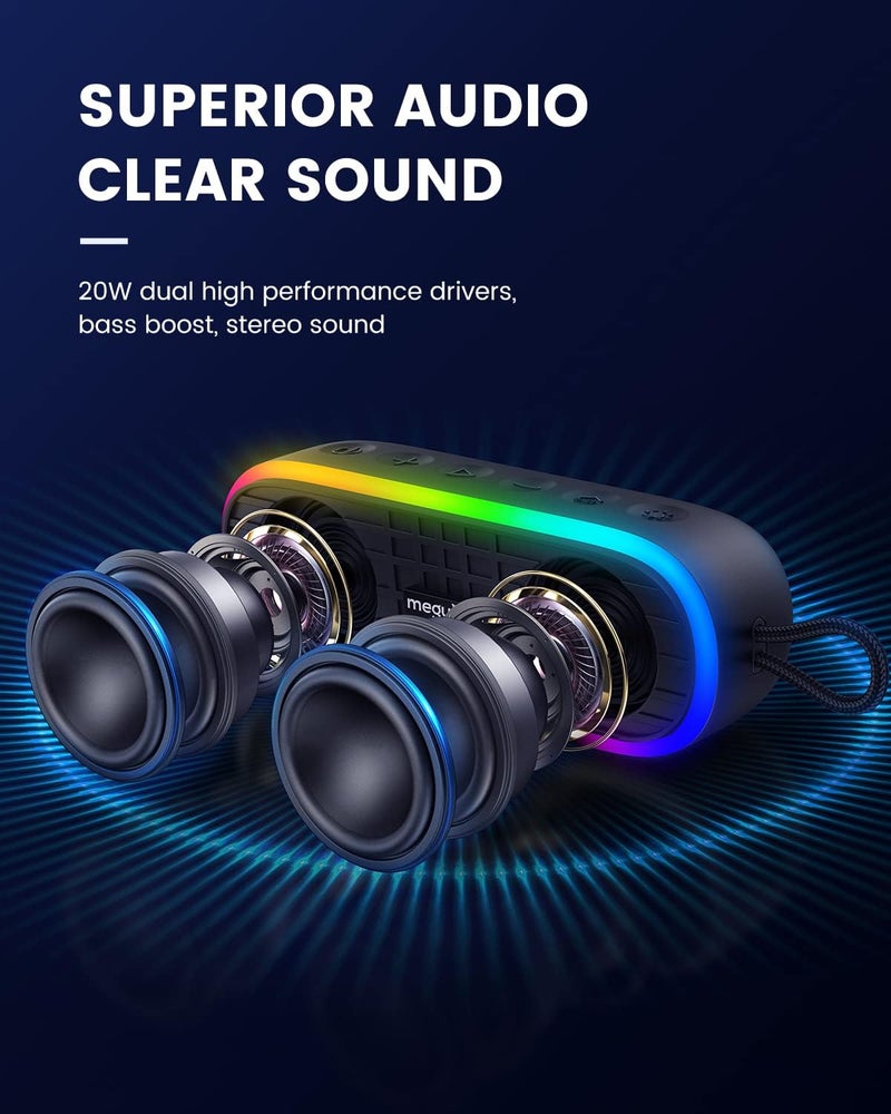 MEGUO مكبر صوت بلوتوث بقوة 20 واط مع أضواء RGB، مكبر صوت محمول، مقاوم للماء IPX7، بلوتوث 5.1، مدخل ميكروفون، وقت تشغيل 12 ساعة، للاستخدام الخارجي في الحفلات والتخييم والشواء - Image 2