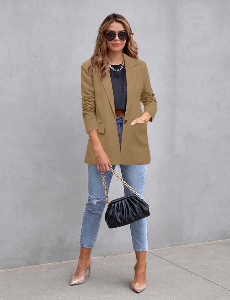 CRAZY GRID Womens Casual Blazer Open Front Button Business Suit Jacket Long Sleeve Work Office Blazer Jacket Fashion Dressy Ladies Blazer Khaki XXL - Image 4