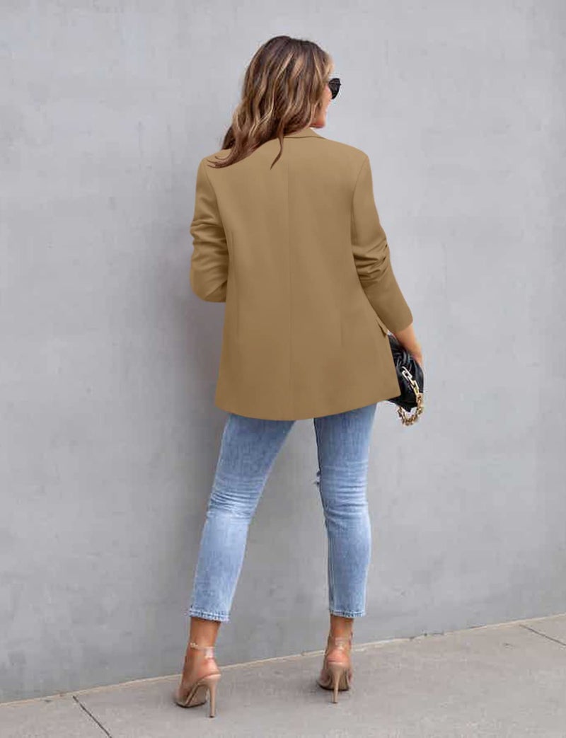 CRAZY GRID Womens Casual Blazer Open Front Button Business Suit Jacket Long Sleeve Work Office Blazer Jacket Fashion Dressy Ladies Blazer Khaki XXL - Image 3