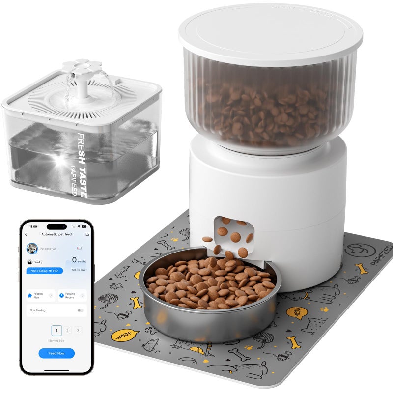 PAPIFEED Automatic Cat Feeder and Water Fountain, 3L/12 Cups 2.4G WiFi Pet Feeder with Stainless Steel Bowl, Smart APP Control for Remote Feeding, 1-12 Meals Per Day, Detachable for Easy Clean (White) - Image 1