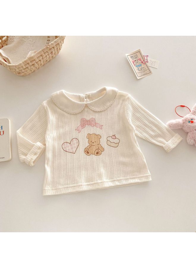 Girls' Stylish Base Shirt With Small Left And Right Details, Spring Korean-style Heart Bear T-shirt, Children's Doll Collar Top
