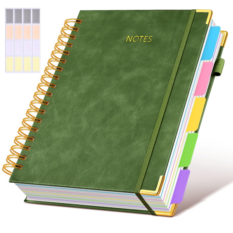 dilitego Hardcover Spiral Notebook journal with Removable Dividers Tabs, 300 Pages Leather 5 Subject Notebook College Ruled, 8"x10" Large B5 Notebooks for Work School Note taking, Lined Journal for Women,Green - Image 1