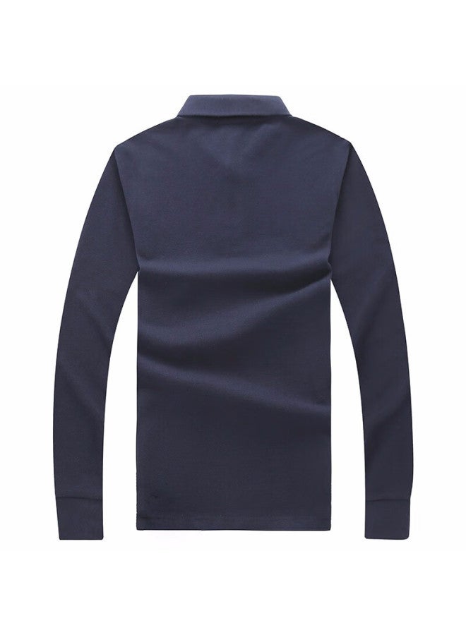 Limeng Pique Cotton Long-sleeve T-shirt, Men's Solid Color Polo Shirt, All-cotton Lapel, Large Size T-shirt, Trendy, Navy Blue, Size 185 - Image 1
