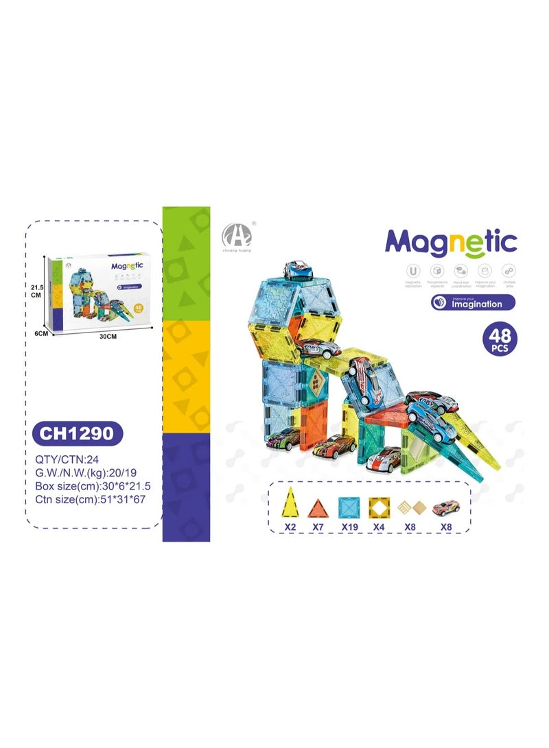 مكعبات بناء مغناطيسية 48 قطعة مع عربيات سباق - لعبة تركيب تعليمية للأطفال لتنمية الذكاء والإبداع - Image 5