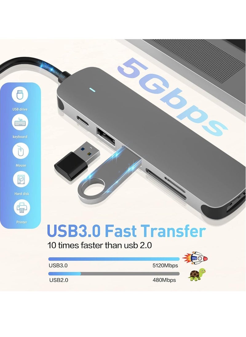 6-in-1 USB C Hub with USB 3.0, 4K HDMI, USB C PD, SD/TF Card Reader – Multiport Docking Station for MacBook Pro, MacBook Air & Type-C Devices – Expand Connectivity, High-Speed Data Transfer, and Power Delivery