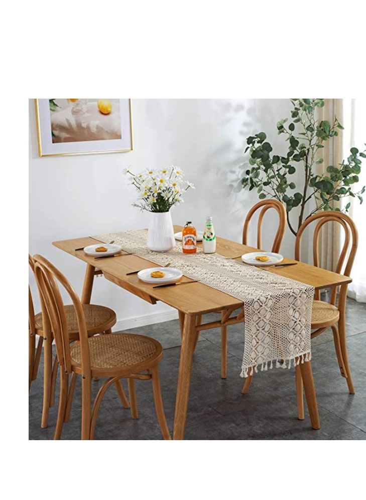 SYOSI Vintage Farmhouse Style Crochet Macrame Table Runners Linen with Tassels Boho Plain Cotton Hollow Out Floral Table Runner for Wedding Dining Room Dresser Decor (Light Beige 13 x 72 inches) - Image 2