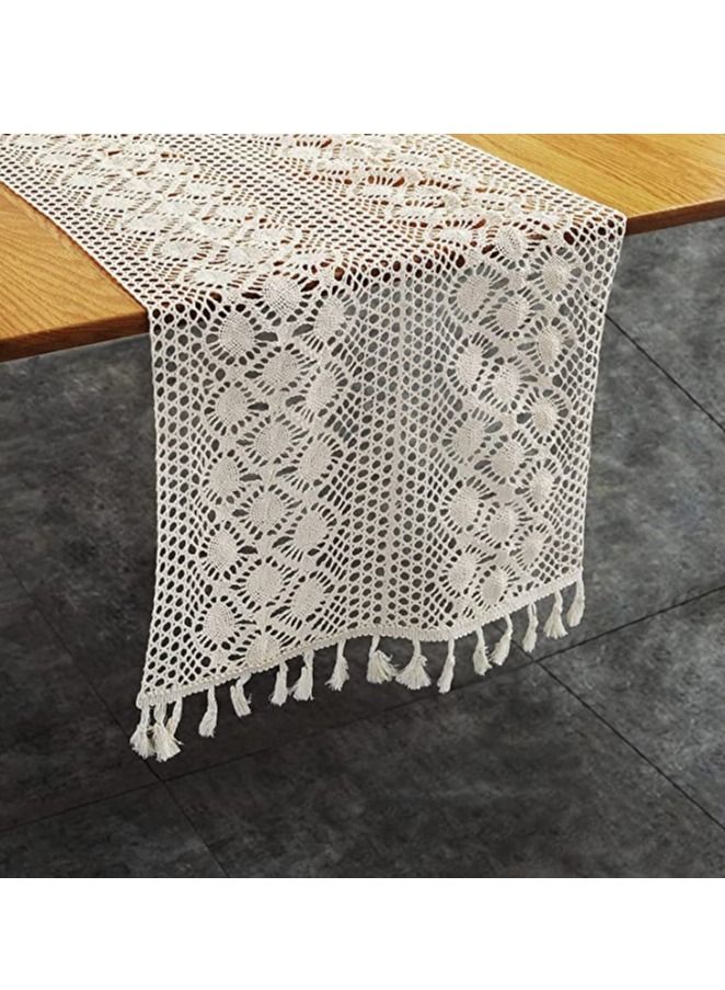SYOSI Vintage Farmhouse Style Crochet Macrame Table Runners Linen with Tassels Boho Plain Cotton Hollow Out Floral Table Runner for Wedding Dining Room Dresser Decor (Light Beige 13 x 72 inches) - Image 1