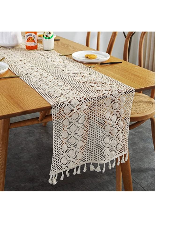 SYOSI Vintage Farmhouse Style Crochet Macrame Table Runners Linen with Tassels Boho Plain Cotton Hollow Out Floral Table Runner for Wedding Dining Room Dresser Decor (Light Beige 13 x 72 inches) - Image 3