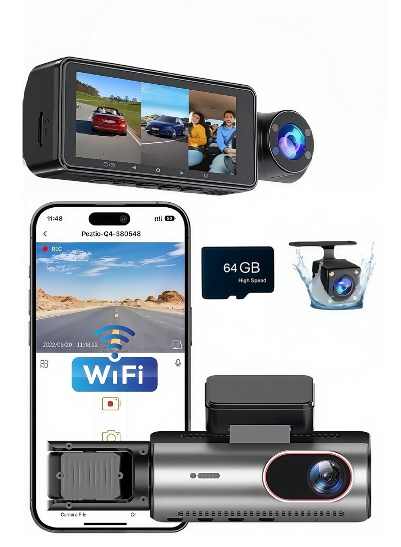 بيوينتي كاميرا سيارة أمامية وخلفية، كاميرا ثلاثية بدقة 1080ب، كاميرا مركبة بثلاث قنوات، مع بطاقة 64جيجابايت، مستشعر صدمات، شاشة آي بي إس 3.16 بوصة، زاوية تصوير واسعة 170 درجة، تسجيل دوري، رؤية ليلية بالأشعة - Image 1