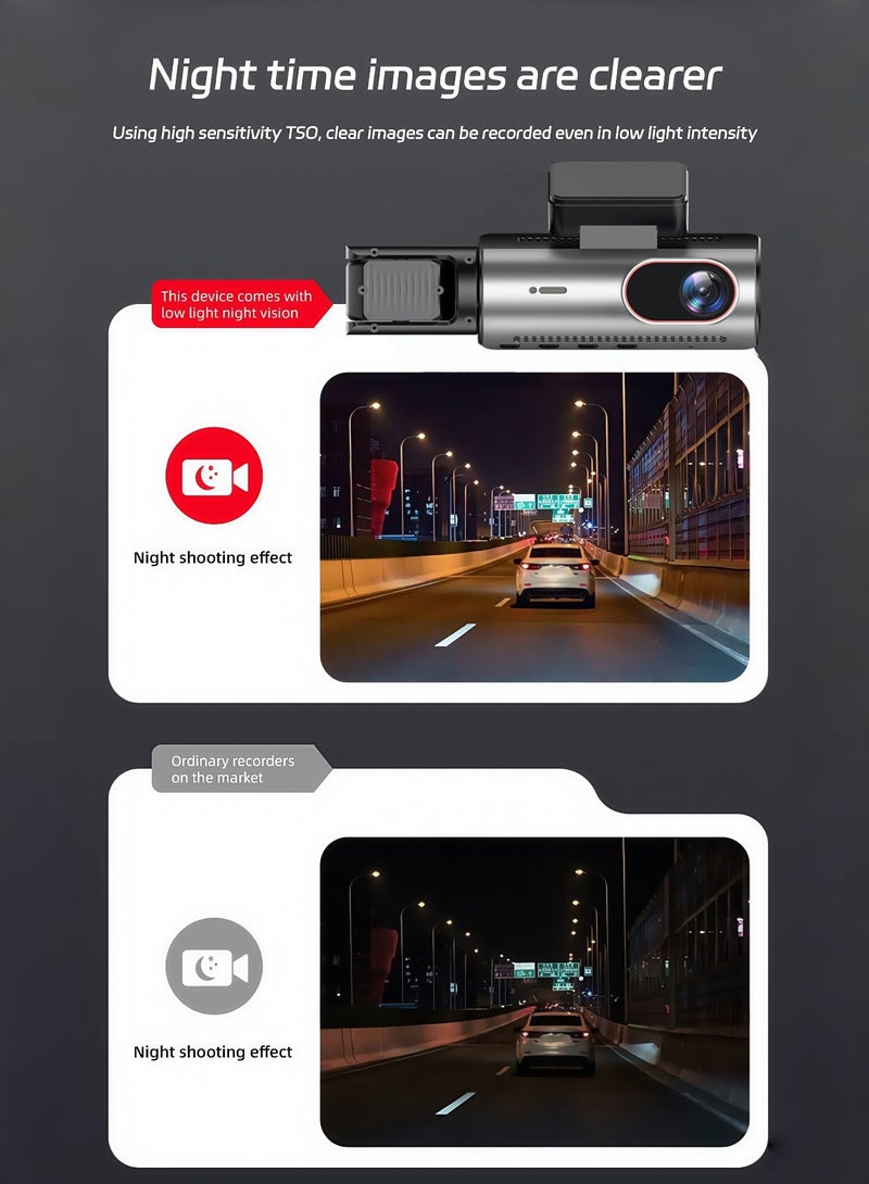 بيوينتي كاميرا سيارة أمامية وخلفية، كاميرا ثلاثية بدقة 1080ب، كاميرا مركبة بثلاث قنوات، مع بطاقة 64جيجابايت، مستشعر صدمات، شاشة آي بي إس 3.16 بوصة، زاوية تصوير واسعة 170 درجة، تسجيل دوري، رؤية ليلية بالأشعة - Image 5