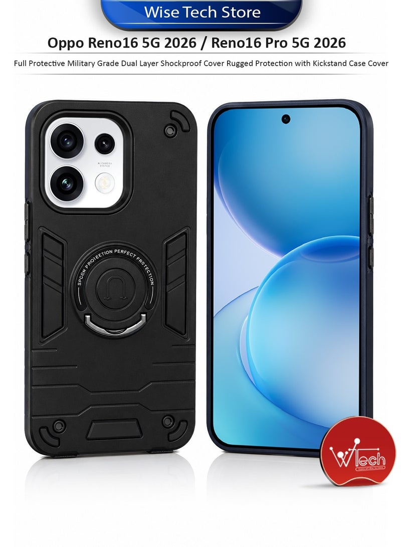 Wtech Oppo Reno16 5G 2026 / Reno16 Pro 5G 2026 Full Protective Military Grade Dual Layer Shockproof Cover Rugged Protection with Kickstand Case Cover - Black - Image 1