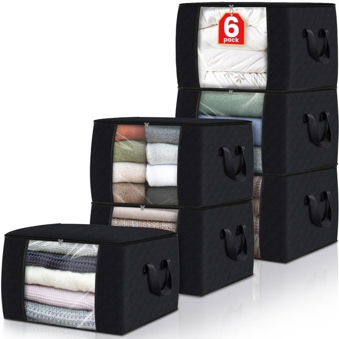 6 PACK CLOTHES STORAGE FOLDABLE THICK FABRIC BLANKET STORAGE BAGS CONTAINERS FOR ORGANIZING BEDROOM CLOSET CLOTHING COMFORTERCLOSET ORGANIZATION WITH HANDLEBLACK