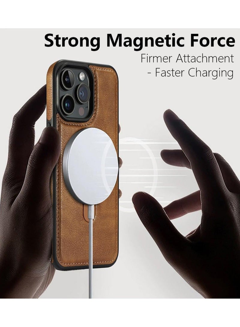 CoomBe iPhone 16 Pro Max Magnetic PU Leather Phone Case with Invisible Ring Holder, Compatible with Magsafe Phone Cover, Brown - Image 3