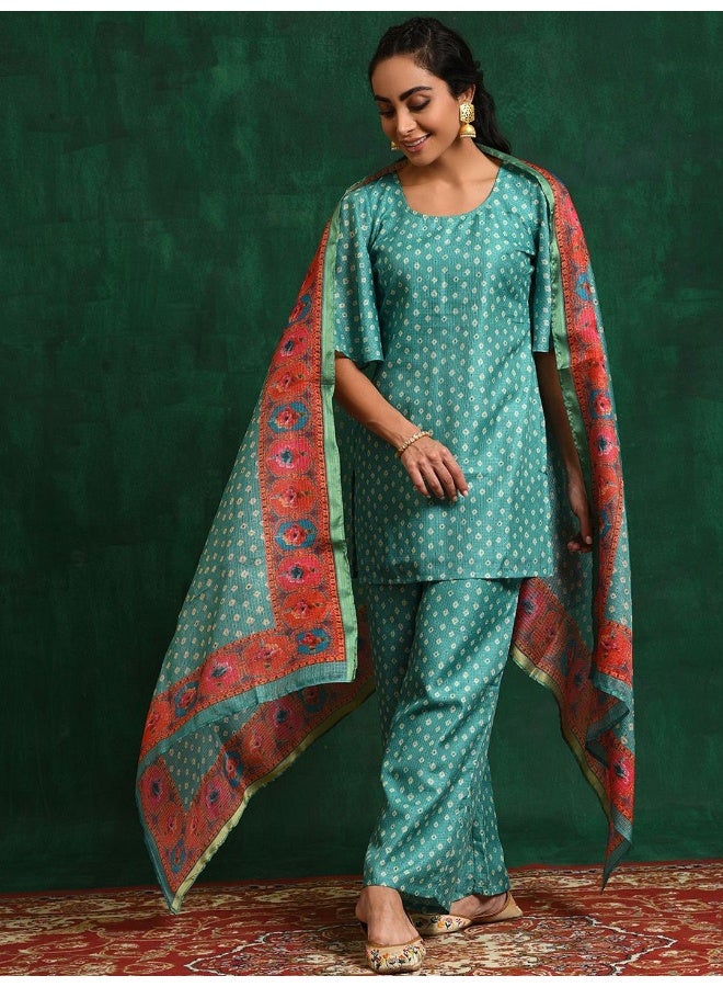 AKS Green bandhani Print Kurta With palazzo - Image 1