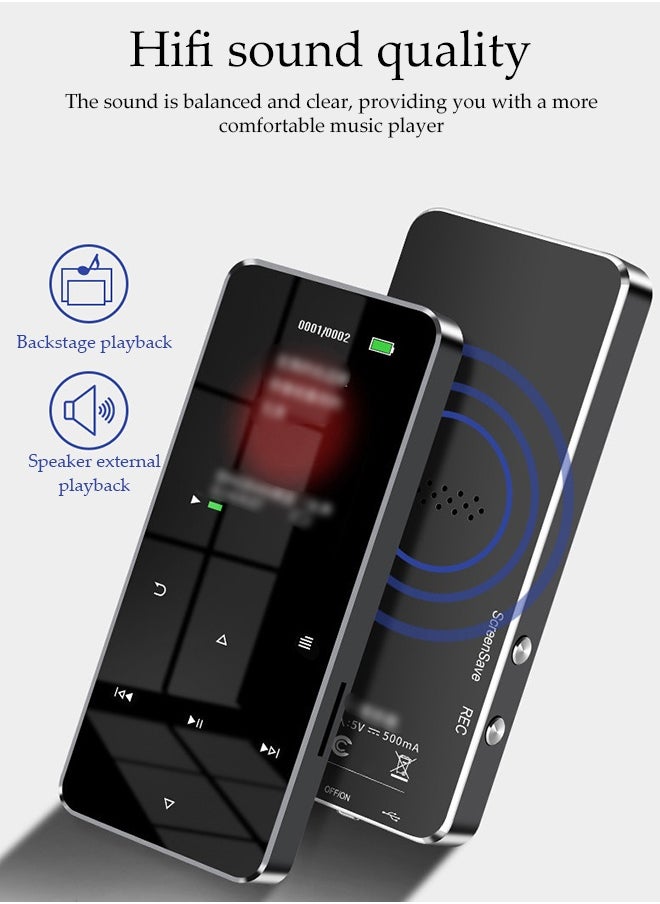 MP3 Player With Bluetooth，Full Touch Screen Music Player，Multifunctional Lossless Sound Music Player，With Hifi Speaker And Fm Radio，Equipped With Headphones And Data Cable，Ideal For Sports And Travel，4GB
