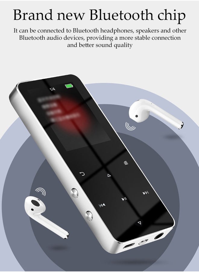 MP3 Player With Bluetooth，Full Touch Screen Music Player，Multifunctional Lossless Sound Music Player，With Hifi Speaker And Fm Radio，Equipped With Headphones And Data Cable，Ideal For Sports And Travel，4GB