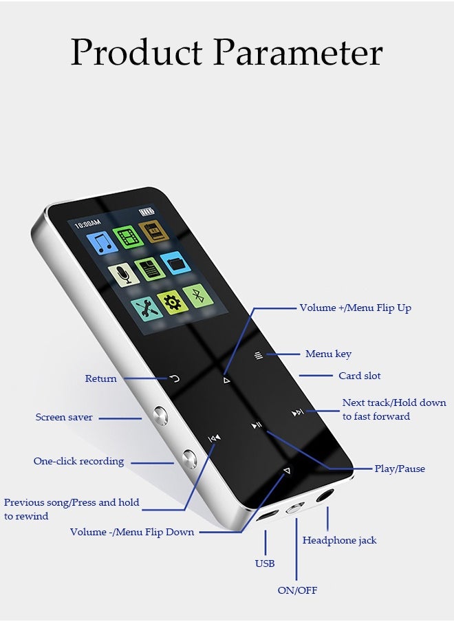 MP3 Player With Bluetooth，Full Touch Screen Music Player，Multifunctional Lossless Sound Music Player，With Hifi Speaker And Fm Radio，Equipped With Headphones And Data Cable，Ideal For Sports And Travel，4GB