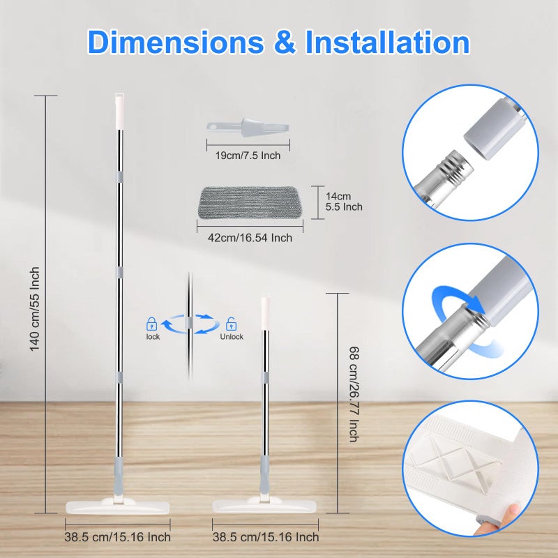 wlich Microfiber Mop for Cleaning Floors,55 Inch Extendable Flat Mop with 4 Reusable Washable Pads, 1 hook, 1 wall piece, and 1 scraper, Wet Dry and Dust Mops for Bathroom Kitchen, Floor,Ceramic Tiles - Image 2