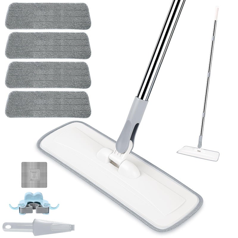 wlich Microfiber Mop for Cleaning Floors,55 Inch Extendable Flat Mop with 4 Reusable Washable Pads, 1 hook, 1 wall piece, and 1 scraper, Wet Dry and Dust Mops for Bathroom Kitchen, Floor,Ceramic Tiles - Image 1
