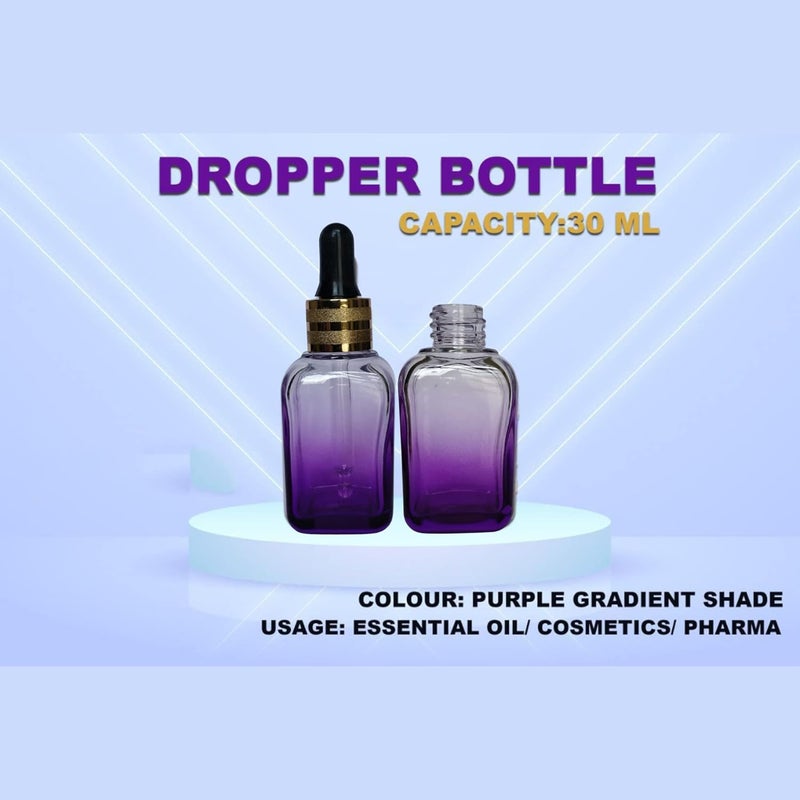 Devinez Multipurpose Premium Purple Gradient Square Glass Bottle, 30 ml with Golden Black Glass Dropper (Pack of 6), for Serum, Essential Oils, Blends, Skin Care, Travel, Toners, Cosmetic & DIY - Image 2