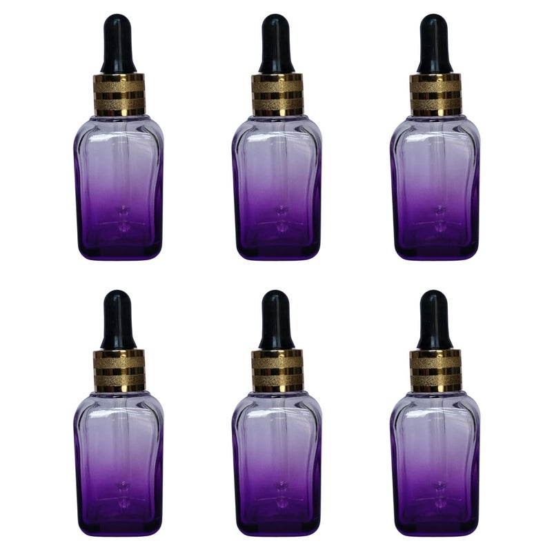 Devinez Multipurpose Premium Purple Gradient Square Glass Bottle, 30 ml with Golden Black Glass Dropper (Pack of 6), for Serum, Essential Oils, Blends, Skin Care, Travel, Toners, Cosmetic & DIY - Image 1